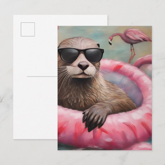Otter op een Roze Float Briefkaart (Voorkant / Achterkant)