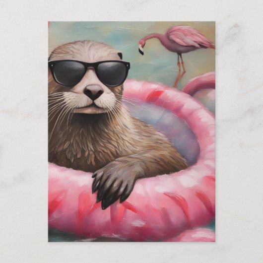 Otter op een Roze Float Briefkaart (Voorkant)