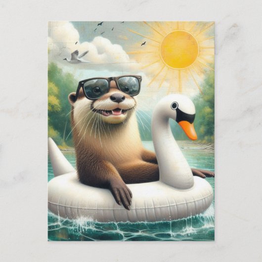 Otter op een Zwaan Float Briefkaart (Voorkant)