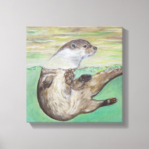 Otter Painting van de afspeelrivier Canvas Afdruk