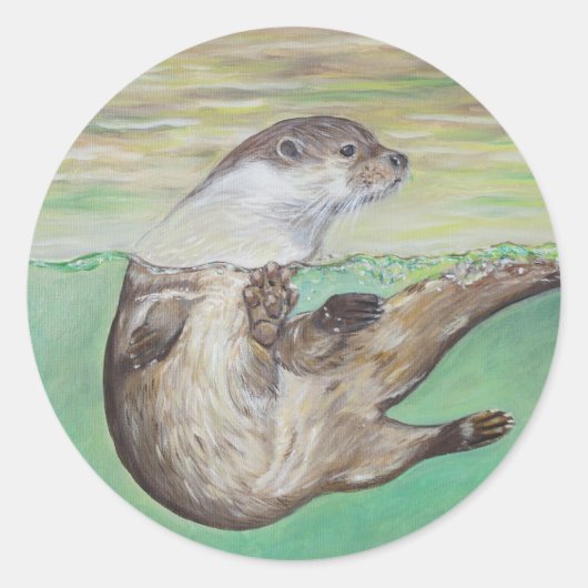 Otter Painting van de afspeelrivier Ronde Sticker (Voorkant)