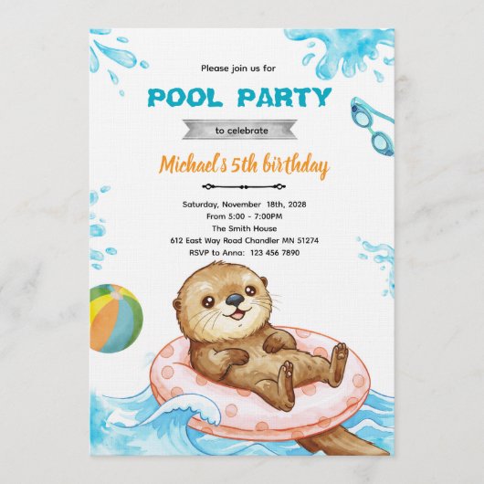 Otter Pool Party Birthday Invitation Kaart (Voorkant)