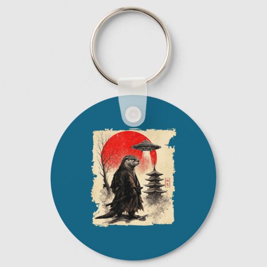 Otter Samurai Retro Ufo Japanese Warrior Art Graph Sleutelhanger (Voorkant)
