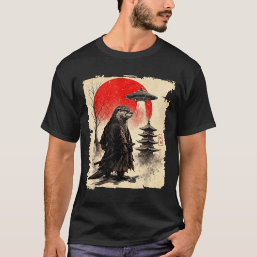 Otter Samurai Retro Ufo Japanese Warrior Art Graph T-shirt (Voorkant)