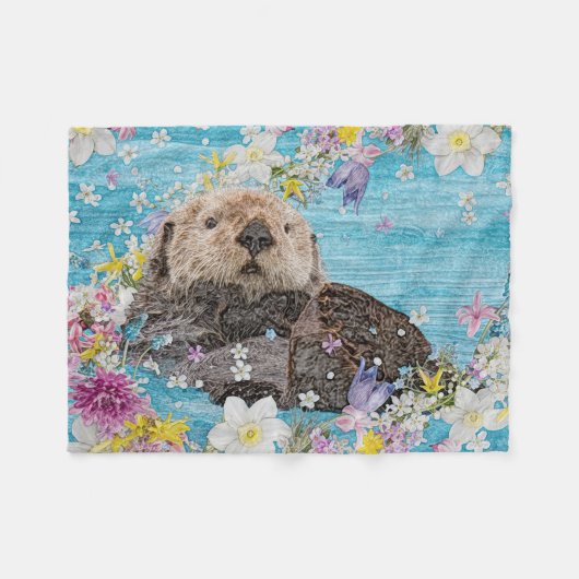 Otter Swimming in Flowers Fleece Deken (Voorkant (Horizontaal))