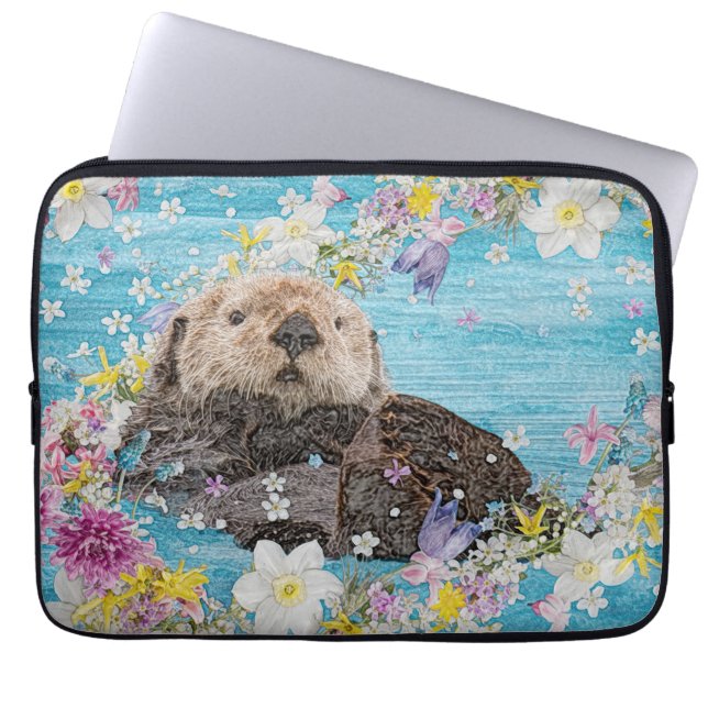 Otter Swimming in Flowers Laptop Sleeve (Voorkant)