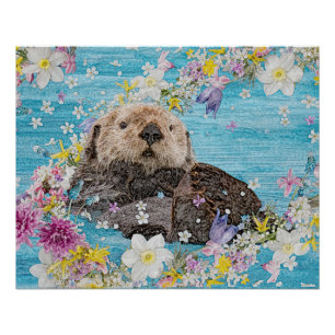 Otter Swimming in Flowers Perfect Poster