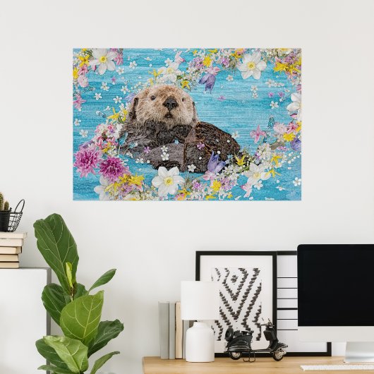 Otter Swimming in Flowers Poster (Thuiskantoor)