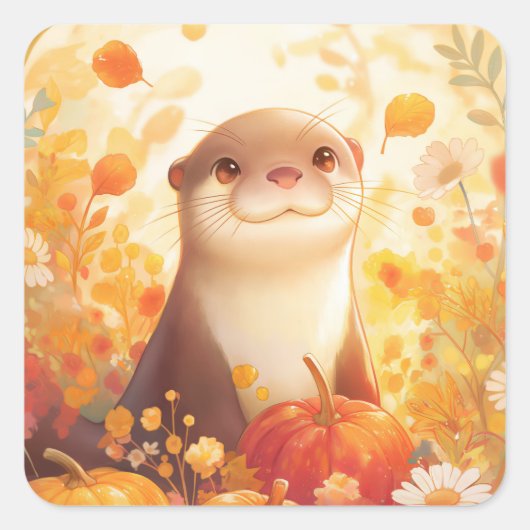 Otter with Pumpkins and Autumn Flowers Vierkante Sticker (Voorkant)