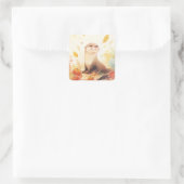 Otter with Small Pumpkins and Yellow Autumn Leaves Vierkante Sticker (Tas)