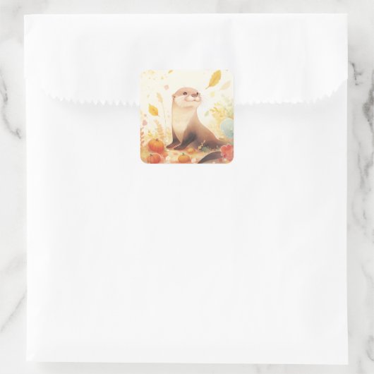 Otter with Small Pumpkins and Yellow Autumn Leaves Vierkante Sticker (Tas)