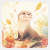 Otter with Small Pumpkins and Yellow Autumn Leaves Vierkante Sticker (Voorkant)