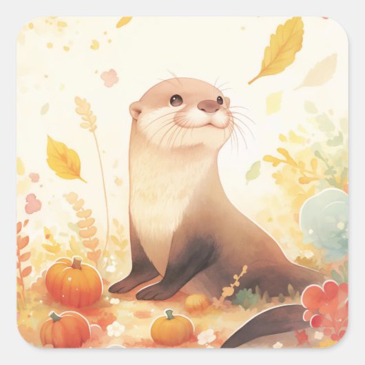Otter with Small Pumpkins and Yellow Autumn Leaves Vierkante Sticker (Voorkant)