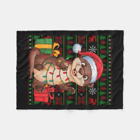Otter Xmas Lights Ugly Santa Hat Otter Christmas  Fleece Deken (Voorkant (Horizontaal))