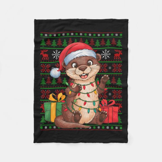 Otter Xmas Lights Ugly Santa Hat Otter Christmas  Fleece Deken (Voorkant)