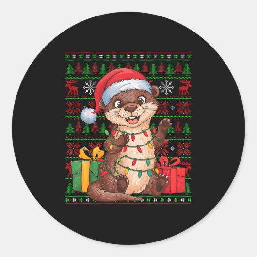 Otter Xmas Lights Ugly Santa Hat Otter Christmas Ronde Sticker (Voorkant)