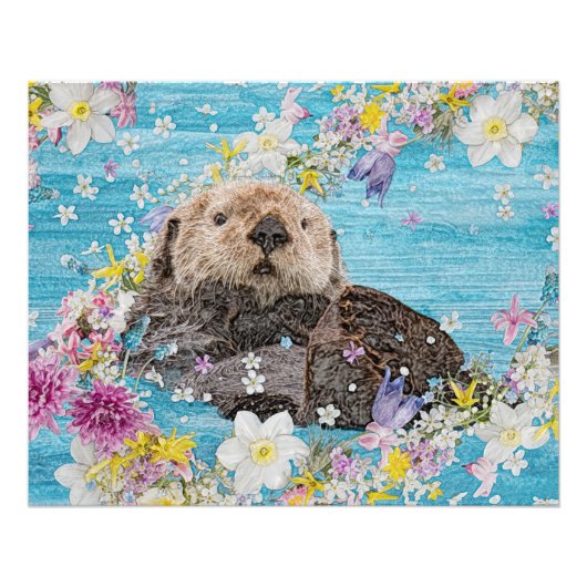 Otter Zwemt in Bloemen Foto Afdruk (Voorkant)