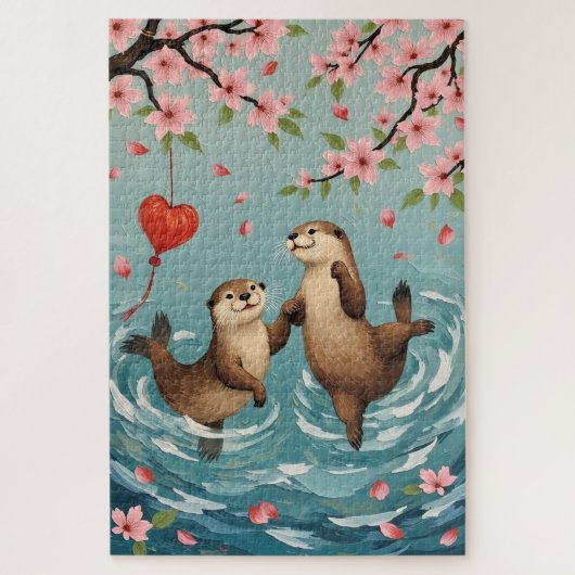 Otters die elkaars poot vasthouden met Valentijnsl Legpuzzel (Verticaal)