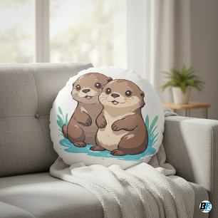 Otters Dierlijke Cartoon Schattige Elegant Minimal Rond Kussen