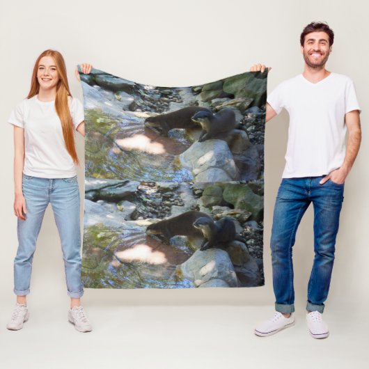 Otters Drinking, Medium Fleece Blanket (In situ)