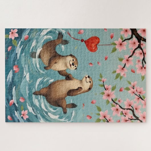 Otters Holding Paws with Valentine Lantern Legpuzzel (Horizontaal)