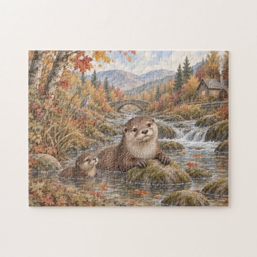 Otters in de herfststroom legpuzzel (Horizontaal)