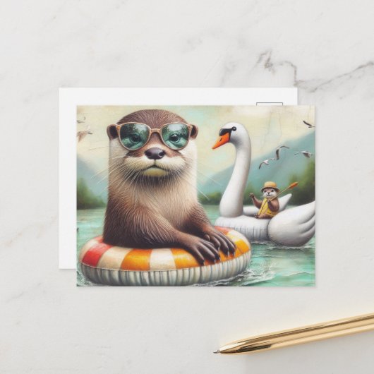 Otters op een Float Trip Briefkaart (Voorkant / Achterkant in situ)