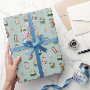 Otters & Waterlelies op Pistachegroen Cadeaupapier