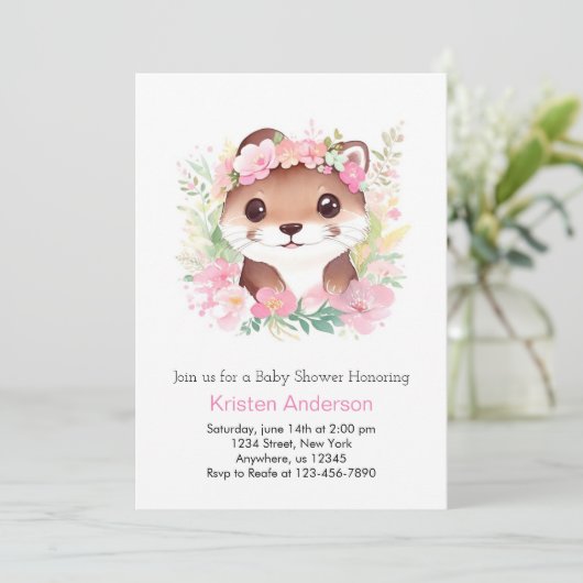 Ottly Whimsical Roze Bloemen Otter Meisje Baby Sho Kaart (Staand voorkant)