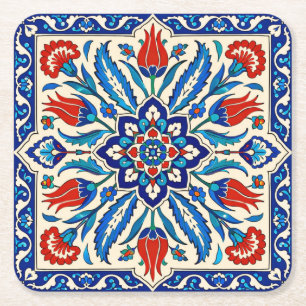 Ottomaanse stijl blauw rode tulp patroon kartonnen onderzetters
