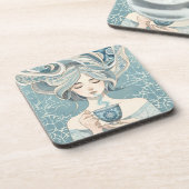 Ottomaanse Tegel Vrouw met Thee - Soft Blue Flow Bier Onderzetter (Linkerzijde)