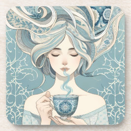 Ottomaanse Tegel Vrouw met Thee - Soft Blue Flow Bier Onderzetter