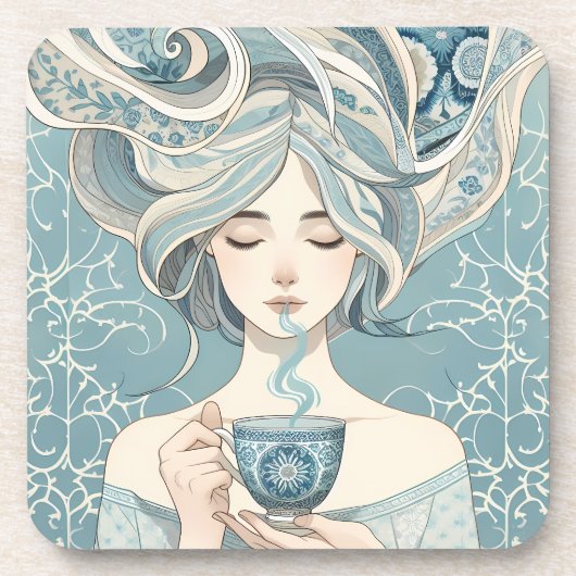 Ottomaanse Tegel Vrouw met Thee - Soft Blue Flow Bier Onderzetter (Voorkant)