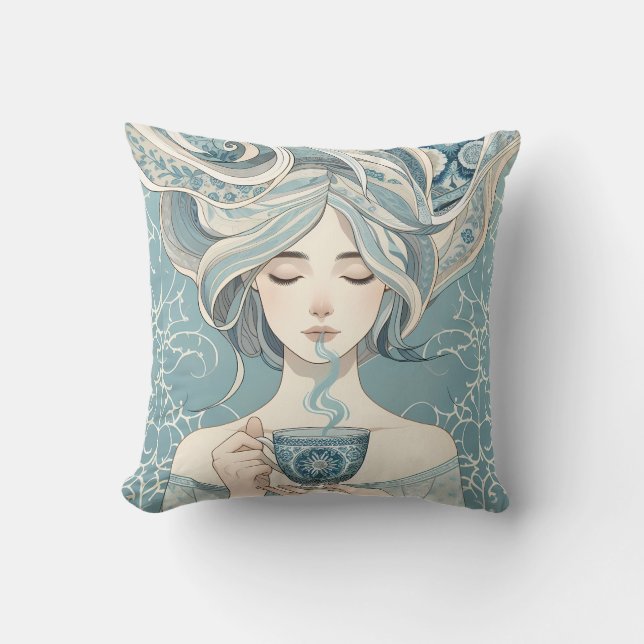 Ottomaanse Tegel Vrouw met Thee - Soft Blue Flow Kussen (Voorkant)