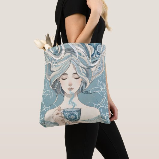 Ottomaanse Tegel Vrouw met Thee - Soft Blue Flow Tote Bag (Dichtbij)