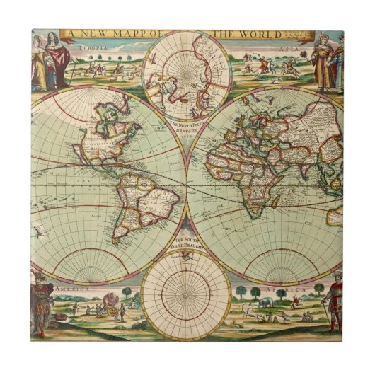Oud Antiek Algemene Wereldkaart Keramische Tegel Tegeltje (Voorkant)