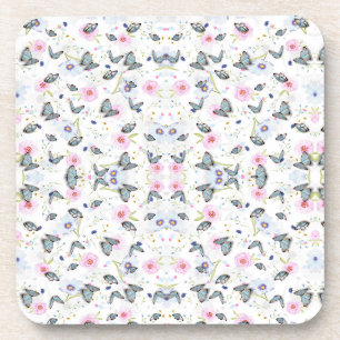 Oud aquarel blauw vlinder & roze bloemen bier onderzetter