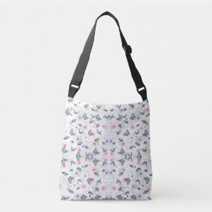 Oud aquarel blauw vlinder & roze bloemen crossbody tas