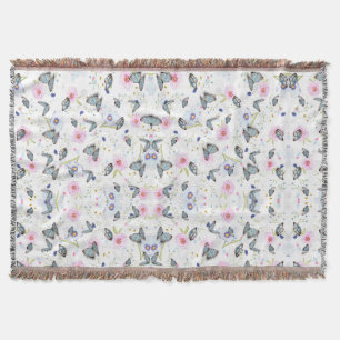 Oud aquarel blauw vlinder & roze bloemen deken