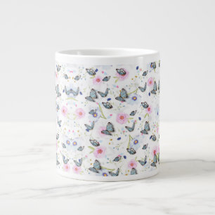 Oud aquarel blauw vlinder & roze bloemen grote koffiekop