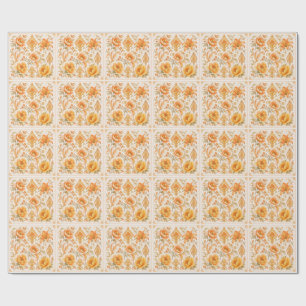 Oud-Barok Bloempatroon – Warm Oranje/Goud Cadeaupapier
