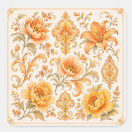 Oud-Barok Bloempatroon – Warm Oranje/Goud Vierkante Sticker