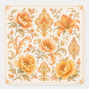 Oud-Barok Bloempatroon – Warm Oranje/Goud Vierkante Sticker