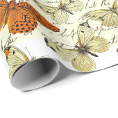 Oud Beige Geel Vlinder Patroon Schrift Cadeaupapier (Rol Hoek)