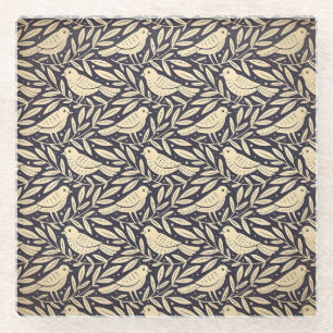 Oud beige vogelmotief op donkere achtergrond glazen onderzetter