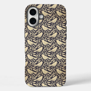 Oud beige vogelpatroon op donkere achtergrond iPhone 16 plus hoesje