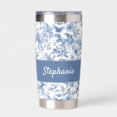 Oud Blauwe Bloem Toile Monogram Geïsoleerde Drinkbeker (Achterkant)