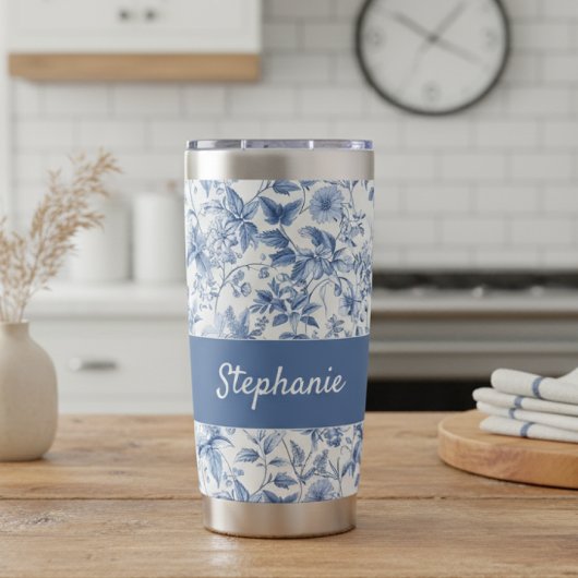 Oud Blauwe Bloem Toile Monogram Geïsoleerde Drinkbeker