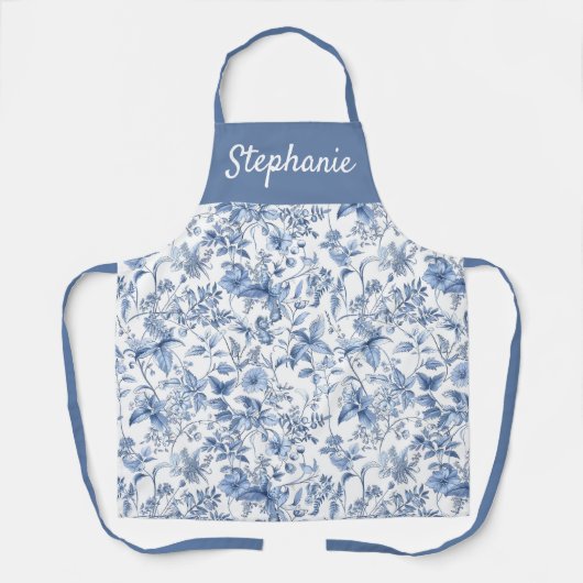 Oud Blauwe Bloem Toile Monogram Schort (Voorkant)