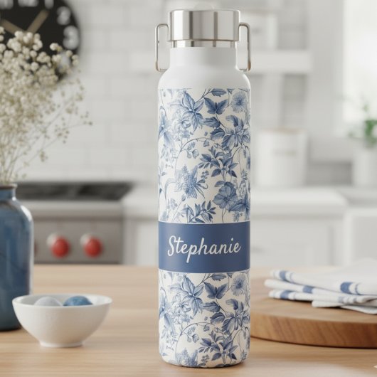 Oud Blauwe Bloem Toile Monogram Waterfles